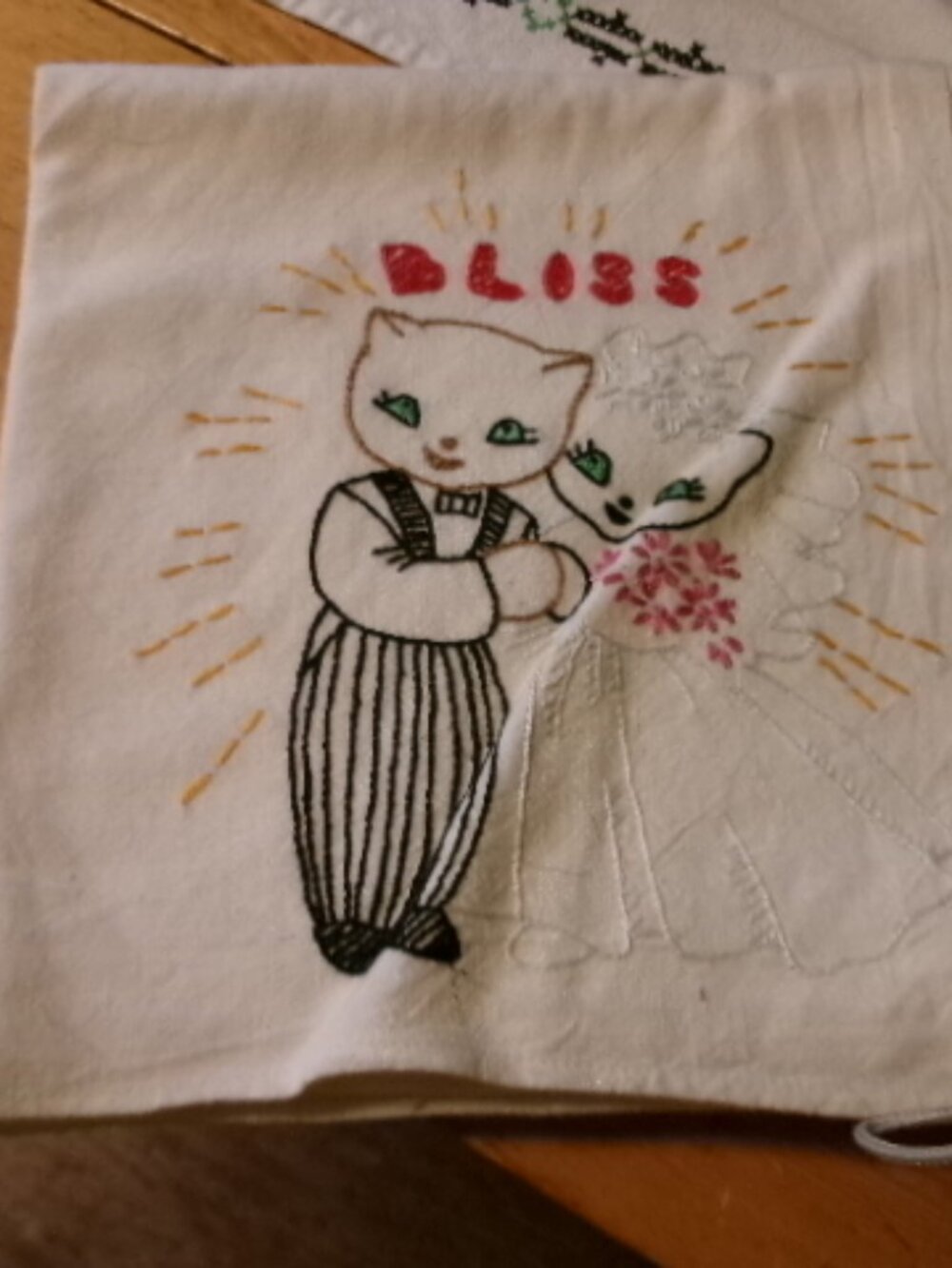 Vtg Xl handmaid embroidered wedding bliss teatowel 28 in square